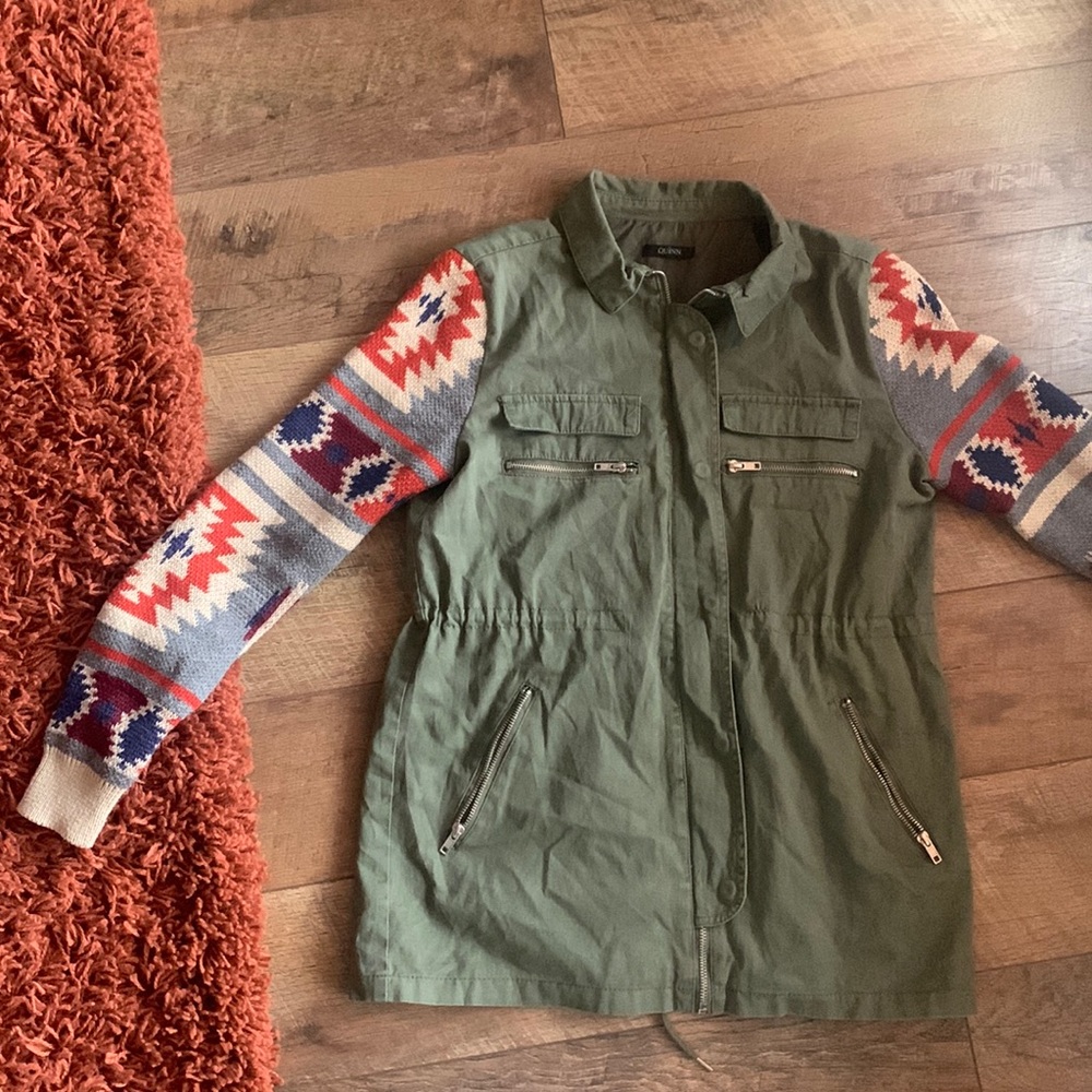 Green Cargo Army Jacket With Knit Sleeves
